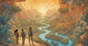3 people standing on a cliff overlooking a winding river