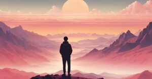 a drown picture of a person standing in a valley surrounded by mountains