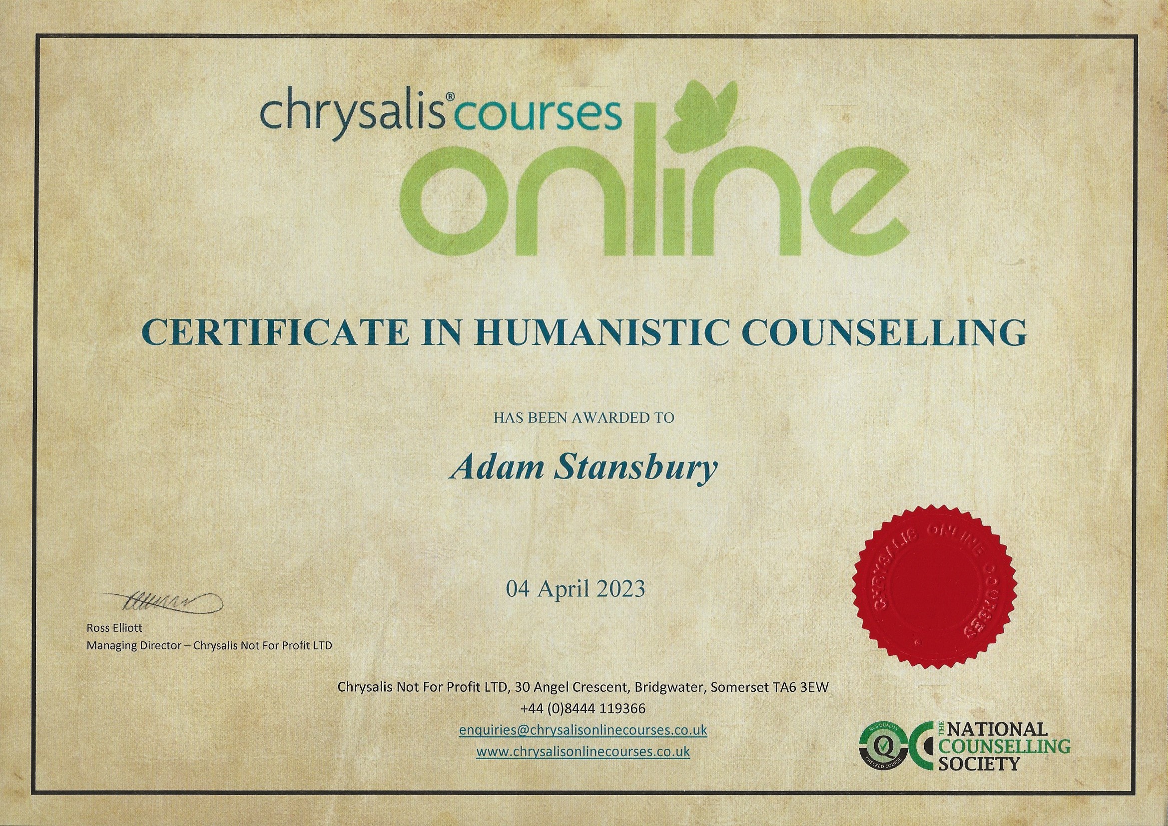 Certificate in Humanistic Counselling