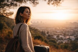 Thoughtful woman standing on a hillside overlooking a city at sunset, reflecting on life change and personal growth