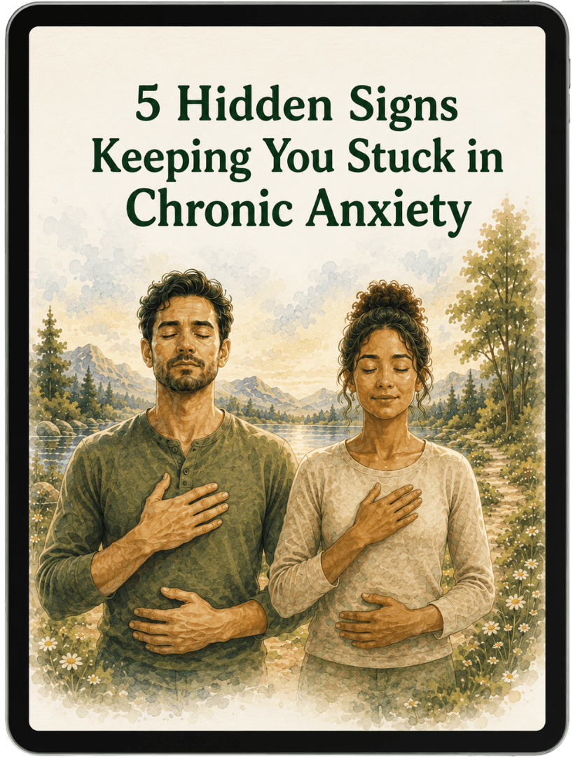 Book cover: a man and woman meditating outdoors by a lake and mountains; title reads '5 Hidden Signs Keeping You Stuck in Chronic Anxiety'