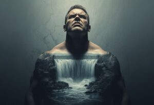 A man's body containing a bursting dam symbolising the hidden emotional pressure men carry