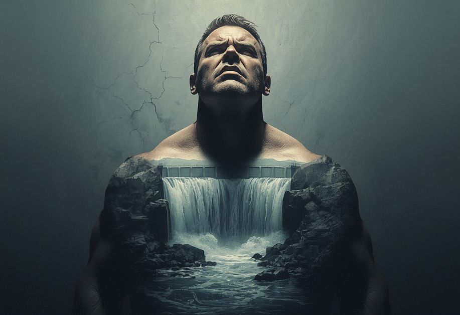 A man's body containing a bursting dam symbolising the hidden emotional pressure men carry