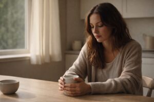 A woman sitting quietly at a window holding a cup in soft morning light, looking inward, representing the big life transitions that transform women