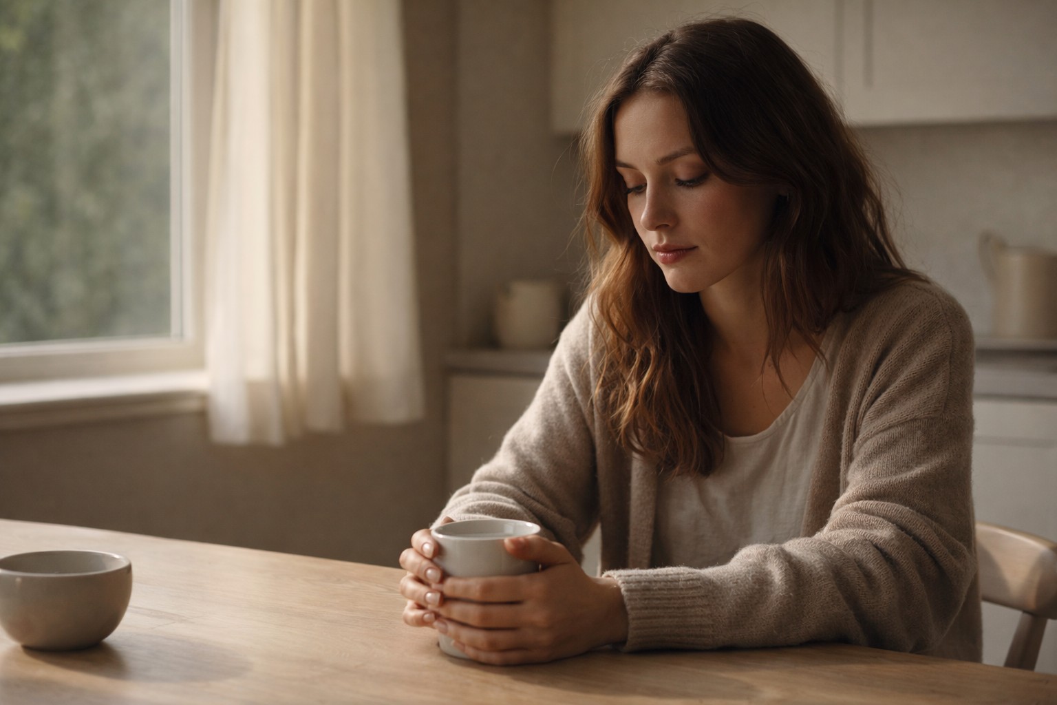 A woman sitting quietly at a window holding a cup in soft morning light, looking inward, representing the big life transitions that transform women