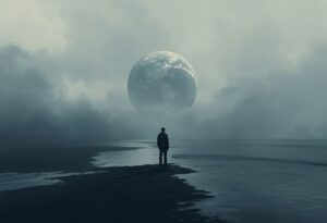 Person standing on a dark shoreline, gazing at a giant planet looming in a cloudy sky.