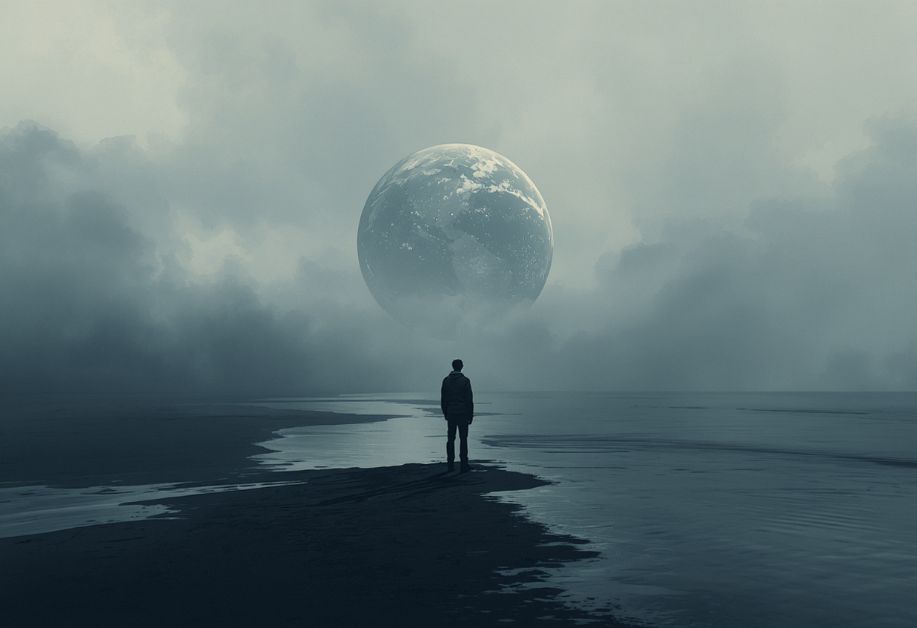 Person standing on a dark shoreline, gazing at a giant planet looming in a cloudy sky.