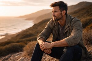 A thoughtful man sitting by the coast at sunset, reflecting themes of modern masculinity, vulnerability, identity, and emotional steadiness.