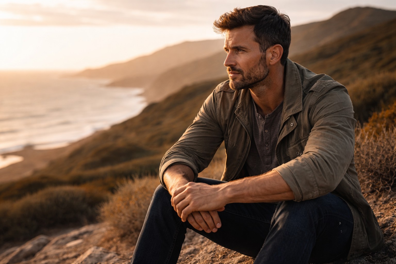 A thoughtful man sitting by the coast at sunset, reflecting themes of modern masculinity, vulnerability, identity, and emotional steadiness.