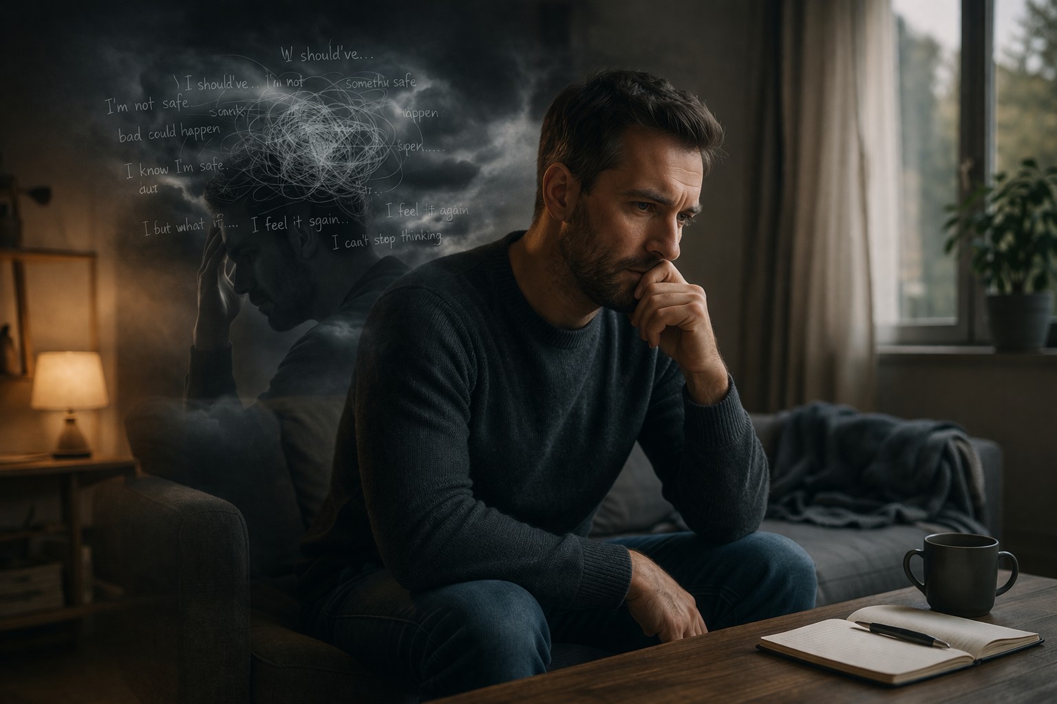 A reflective image representing anxiety support and hypnotherapy, showing a man caught in an inner fear loop despite being physically safe, echoing the blog’s theme of overthinking, nervous system anxiety, and the deeper patterns beneath recurring anxiety.