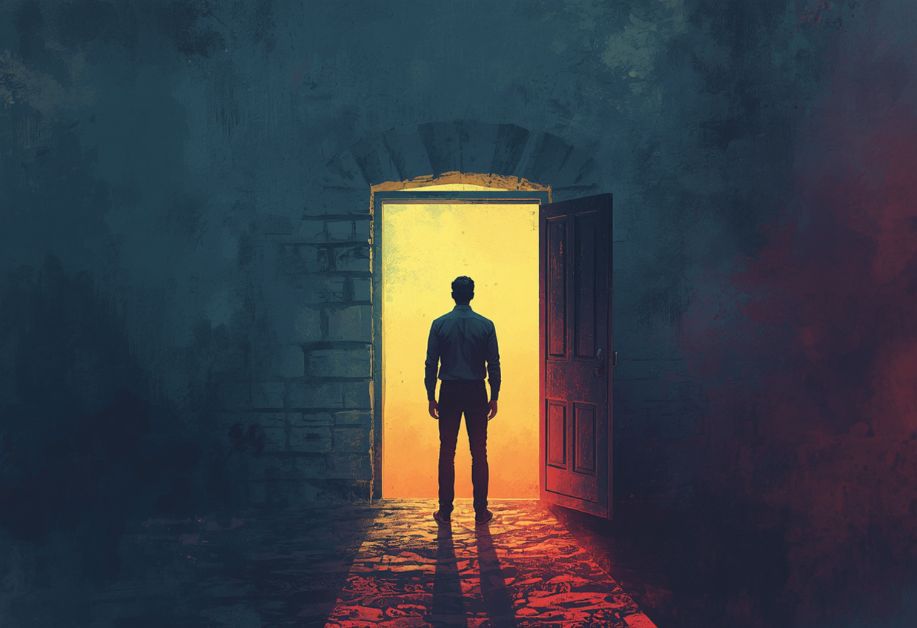 A man stands in a dark stone hallway, facing an open doorway lit with warm yellow light, his silhouette visible in the doorway.