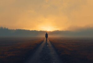 A person standing alone at dusk looking out over a landscape where two paths divide, representing the choice between rest and a new direction.