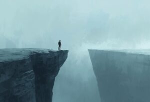 A lone figure standing at the edge of a cliff preparing to leap across a gap, representing the courage it takes to move from knowing to doing.