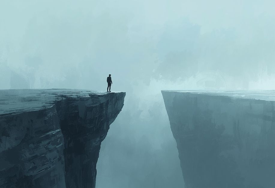 A lone figure standing at the edge of a cliff preparing to leap across a gap, representing the courage it takes to move from knowing to doing.