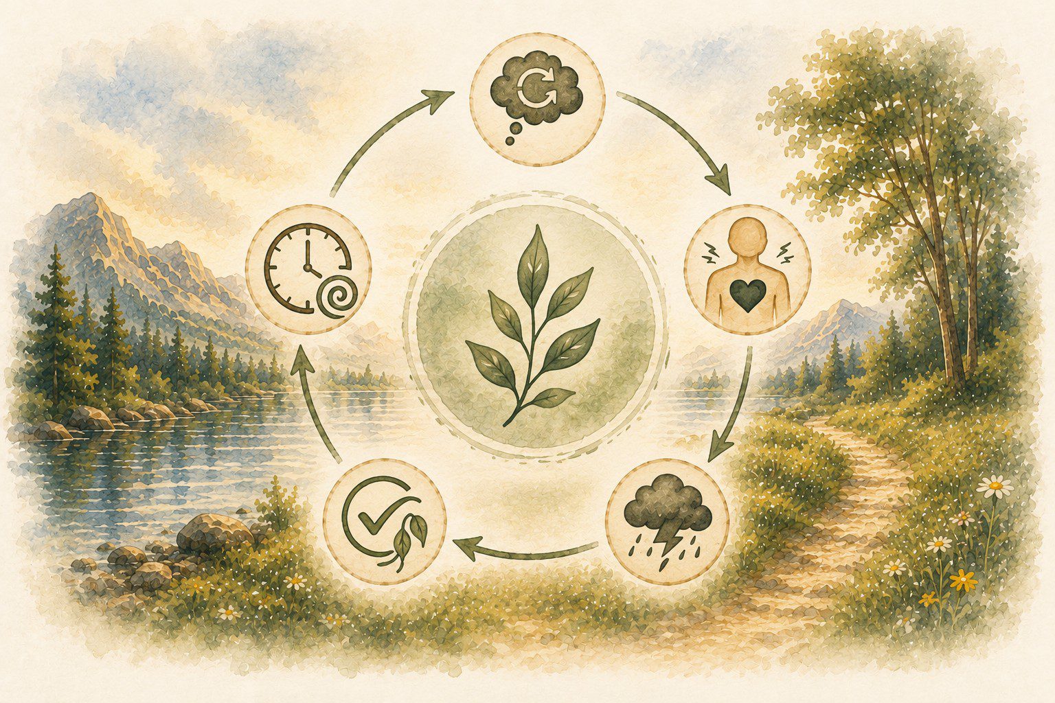 Center: plant sprig surrounded by a circular eco-sustainability cycle with five icons around it in a natural landscape background.
