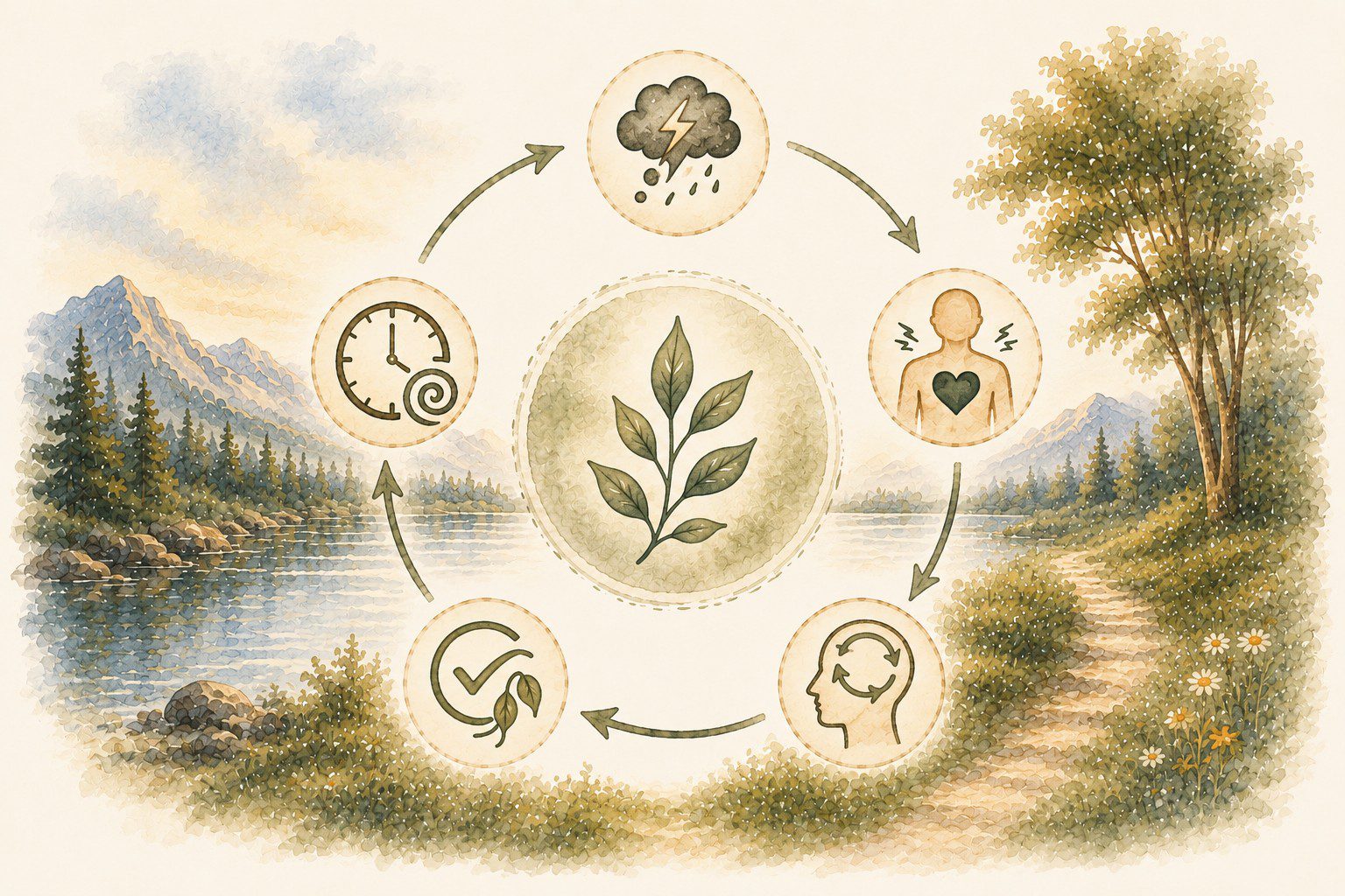 Circular diagram surrounding a central plant, with icons for storm, body with heart, brain, checkmark with leaf, and clock in a cycle.