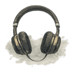 Hand-drawn illustration of black over-ear headphones resting on a light watercolor splash