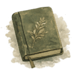 Old green hardcover book with a fern illustration on the cover and a ribbon bookmark, resting on a pale watercolor background.