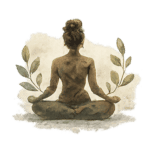 Person meditating in a cross-legged pose, back view, with leafy branches on both sides.
