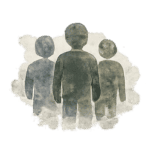 Three abstract watercolor silhouettes standing together to represent a group or community.