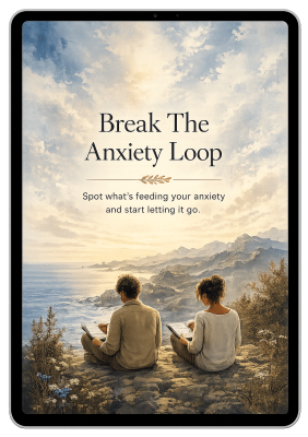 Poster showing 'Break The Anxiety Loop' with two people sitting on a cliff by the sea, reading tablets.