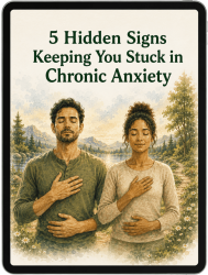 Book cover: a man and woman meditating outdoors by a lake and mountains; title reads '5 Hidden Signs Keeping You Stuck in Chronic Anxiety'